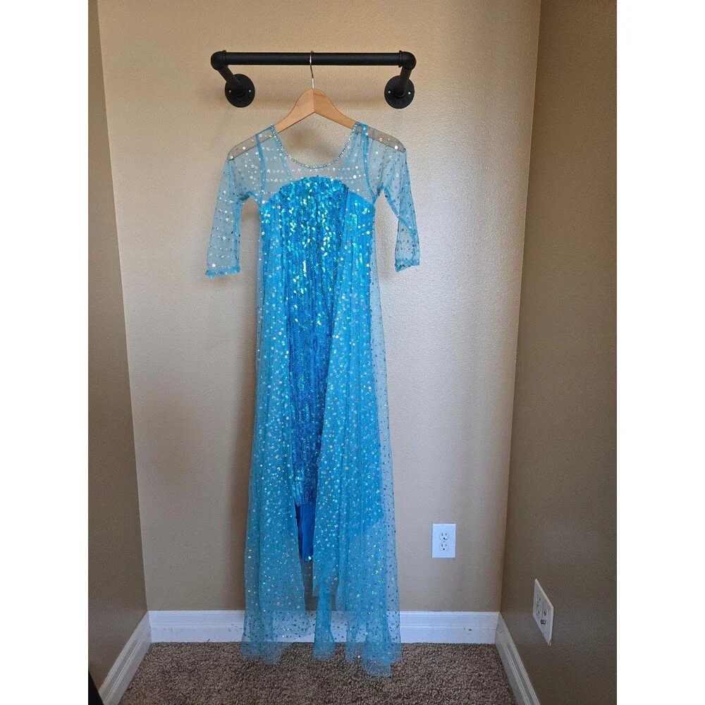 Elsa style‎ long blue Sequined dress with rhinestone neckline Size 130 ( 10/11)
